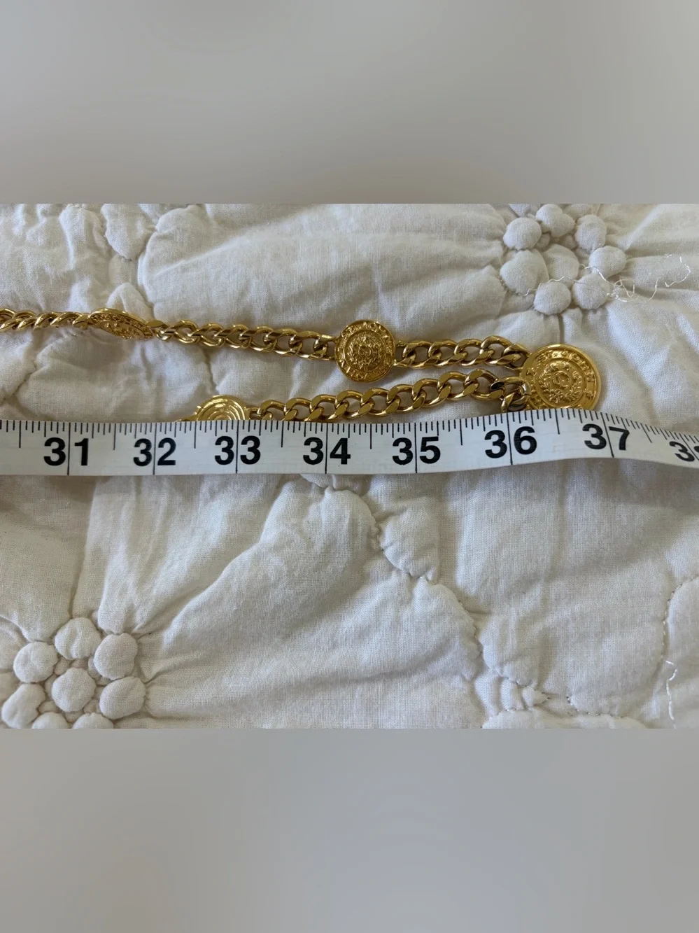 Vintage St. John Knits Gold Triple Strand Crest Coin Chain Belt